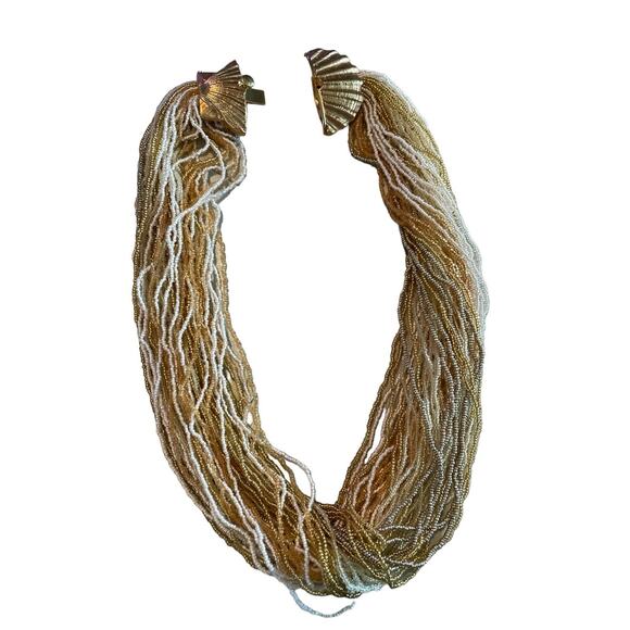 Clam Shell Vintage Multi Strand Seed Bead Necklace Gold & White - Picture 6 of 8